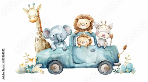 Watercolor painting of cute animals on truck, white background, animals clipart.