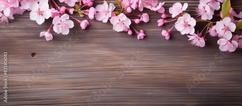 Easter holiday theme with pink cherry blossoms on the right side of wooden boards  offering copy space image.