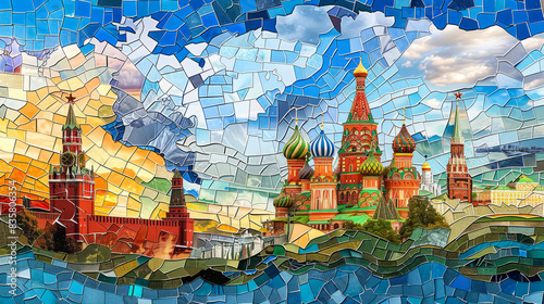 Colorful mosaic depicting the Kremlin and St. Basil's Cathedral. 