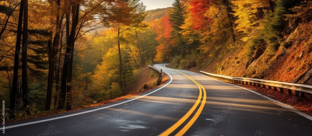A picturesque autumn scene in the tranquil mountains, showcasing a road meandering through vibrant trees with red and orange leaves at sunset, perfect for a scenic travel journey. Copy space image A picturesque autumn scene in the tranquil mountains, showcasing a road meandering through vibrant trees with red and orange leaves at sunset, perfect for a scenic travel journey. Copy space image