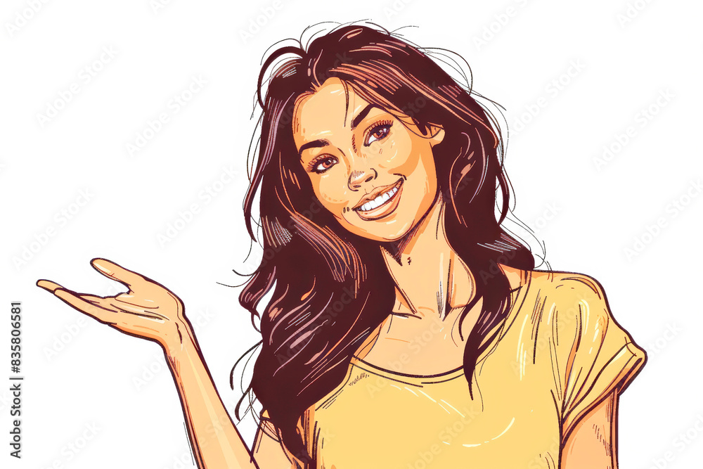Cheerful illustrated woman smiling and gesturing with her hand. Cheerful illustrated woman smiling and gesturing with her hand.
