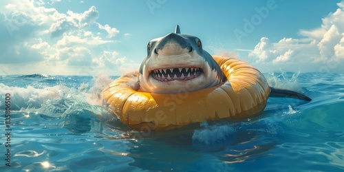 grey shark swimming in a inflated swimming ring in the ocean