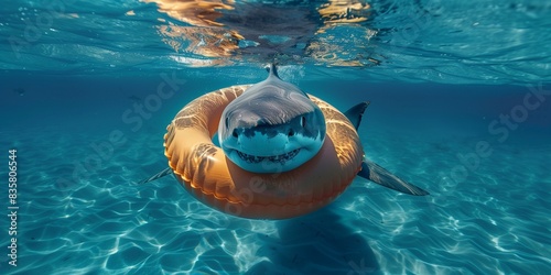 grey shark swimming in a inflated swimming ring in the ocean photo