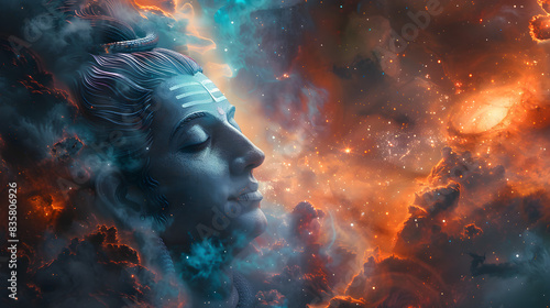 Digital art of Lord Shiva's face against a nebula background, evoking a spiritual and cosmic atmosphere. Suitable for religious and spiritual use.