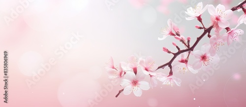 A stunning image of floating white cherry blossoms on a soft pink background with a levitation concept, high-resolution copy space image.