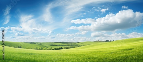 Scenic landscape featuring yellow dandelions against a clear blue sky  with space for text or graphics in the background image. Copy space image. Place for adding text and design