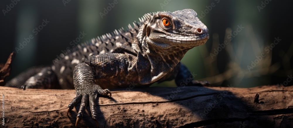 Obraz premium A large lace monitor goanna lizard rests in a tree, providing a picturesque copy space image.