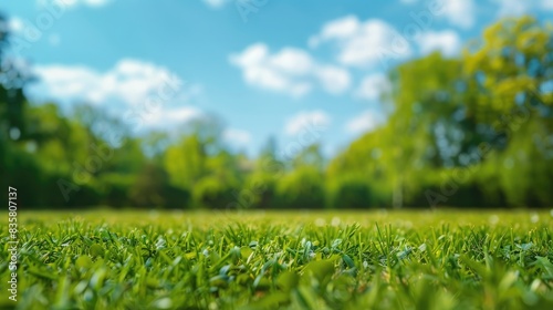 Beautiful blurred background image of spring nature with a neatly trimmed lawn surrounded by trees against a blue sky with clouds on a bright sunny day 