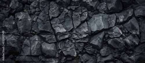 Close-up of a black rock texture on a volcanic mountain surface with copy space image. © Ilgun