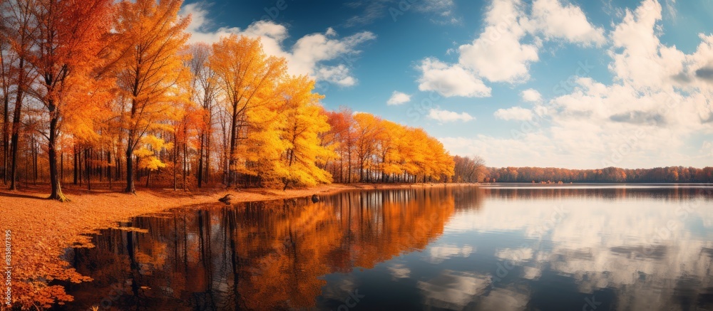 Scenic autumn landscape with a reflection of the lake in the water ...
