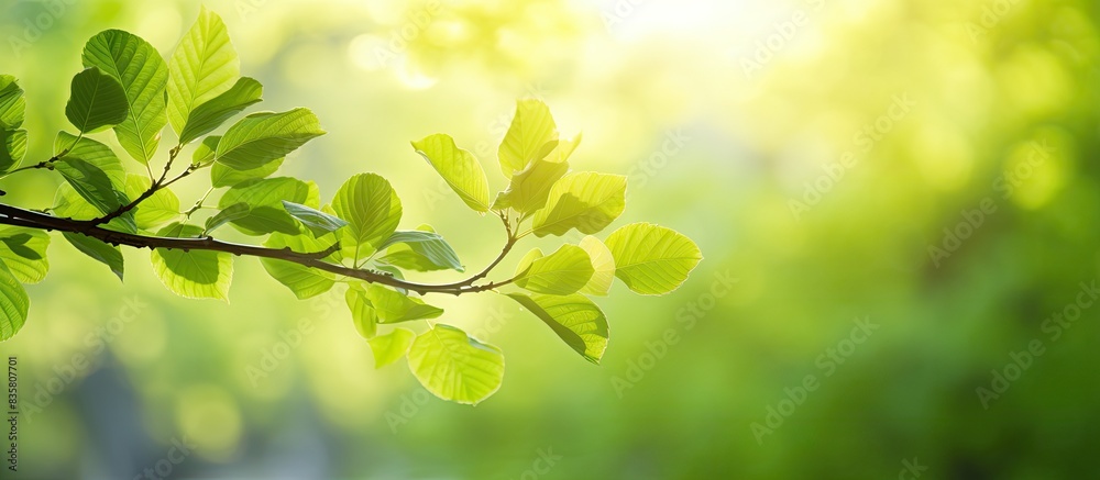 Sunny day in spring forest with tree branches and young leaves, featuring a blurred backdrop with copy space image. Sunny day in spring forest with tree branches and young leaves, featuring a blurred backdrop with copy space image.