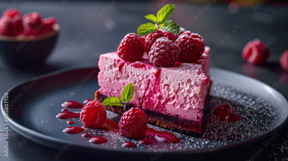 Dessert symphony: cheesecake with raspberry sauce and fresh berries. Dessert symphony: cheesecake with raspberry sauce and fresh berries.