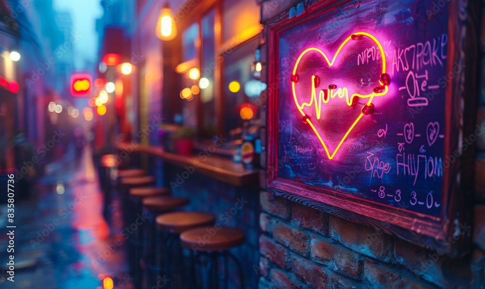 Glowing Purple Neon Heartbeat Sign in a Cozy Nighttime Alley with Atmospheric Blurred Background, Romantic Mood, Urban Neon Light Vibes Glowing Purple Neon Heartbeat Sign in a Cozy Nighttime Alley with Atmospheric Blurred Background, Romantic Mood, Urban Neon Light Vibes