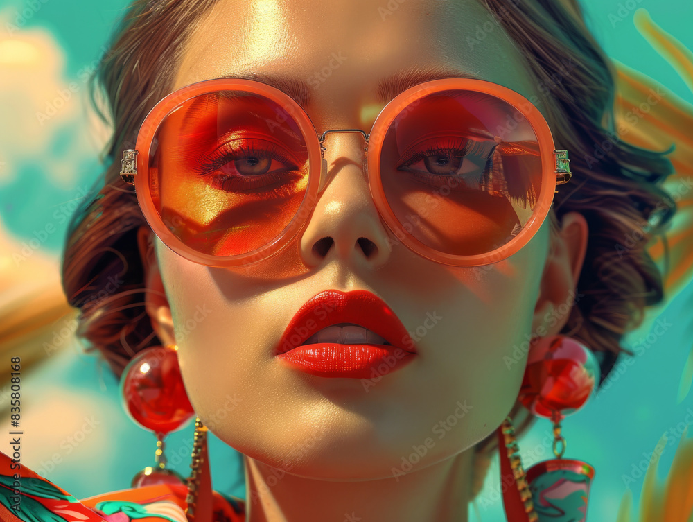 Retro style pastel colors summer background. Fashion woman wearing big sunglasses.