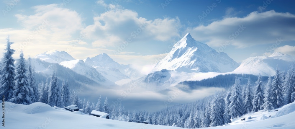 Scenic winter view featuring snow-covered mountains and trees, with a clear space for adding images or text - a stunning copy space image. Scenic winter view featuring snow-covered mountains and trees, with a clear space for adding images or text - a stunning copy space image.