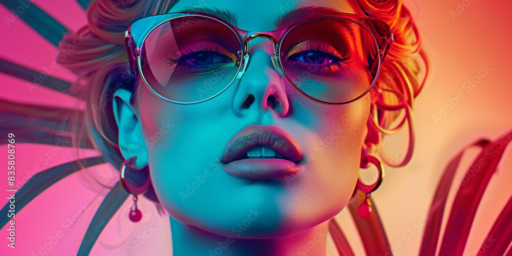 Retro style pastel colors summer background. Fashion woman wearing big sunglasses.