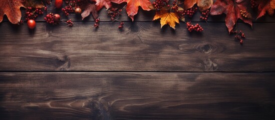 An aerial view displays a rustic dark banner background bordered by colorful fall leaves, nuts, and pine cones, leaving room for a copy space image.