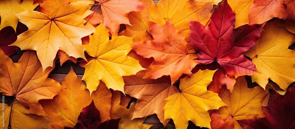 Flat lay of orange maple leaves on a red backdrop with a copy space image.