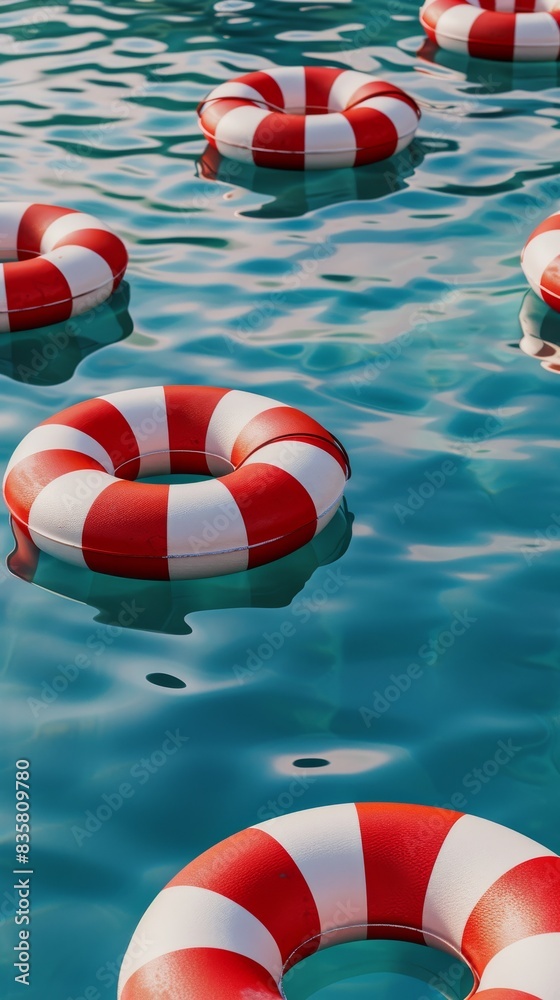 Naklejka premium Red and white lifebuoys floating in a swimming pool