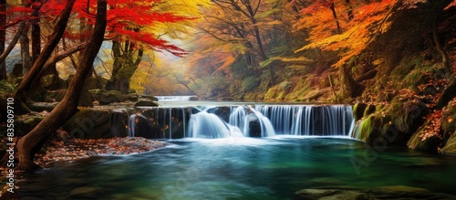 Fototapeta Naklejka Na Ścianę i Meble -  Mountain river waterfall in fall with copy space image.