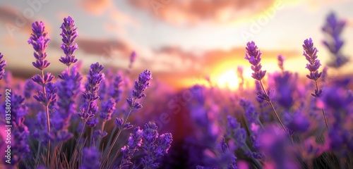 A hyper-realistic 3D rendering of a field of lavender  with the flowers extending towards the viewer  creating an immersive effect  and a sunset softly blurred in the background.