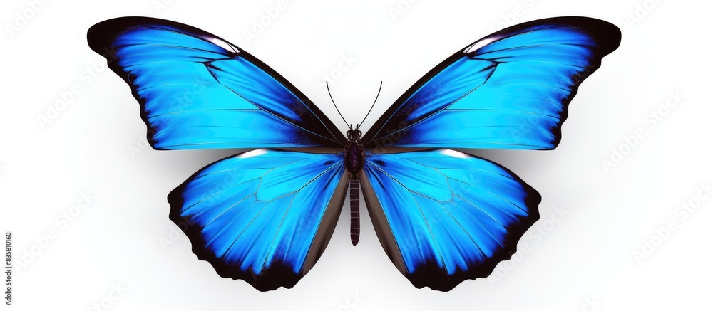 Three beautiful blue butterflies set against a white backdrop with ample copy space image.