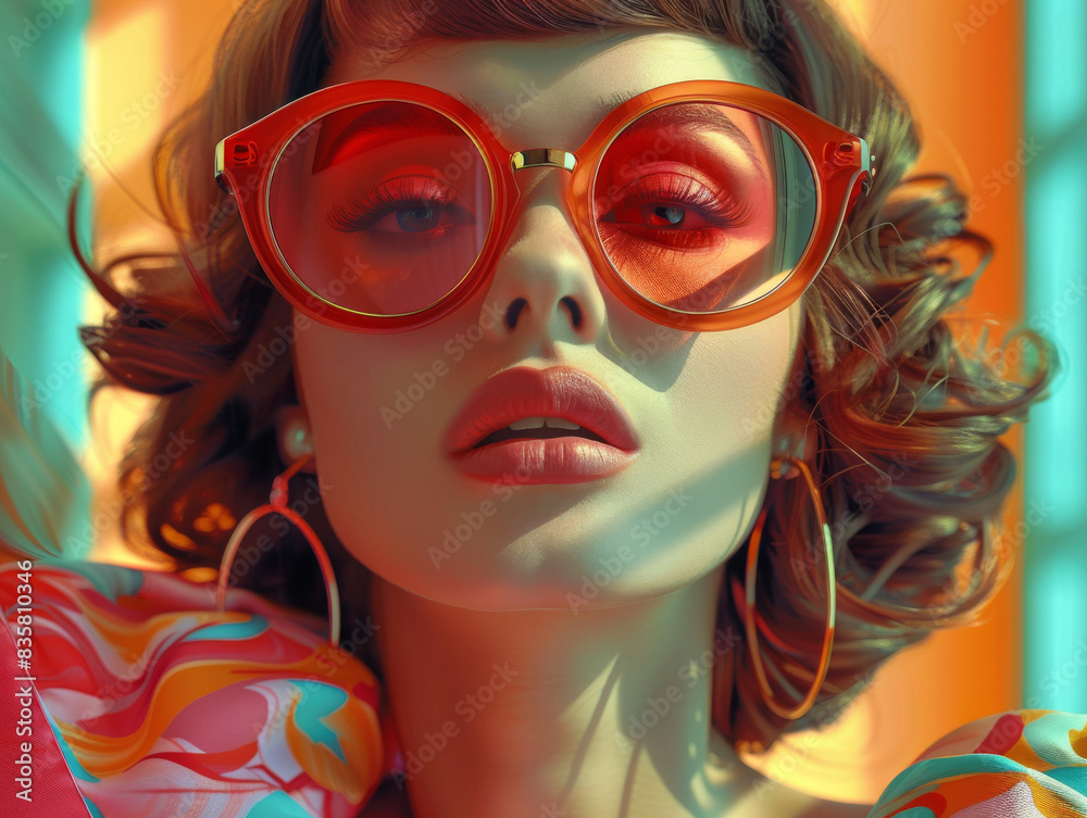 Fototapeta premium Retro style pastel colors summer background. Fashion woman wearing big sunglasses.