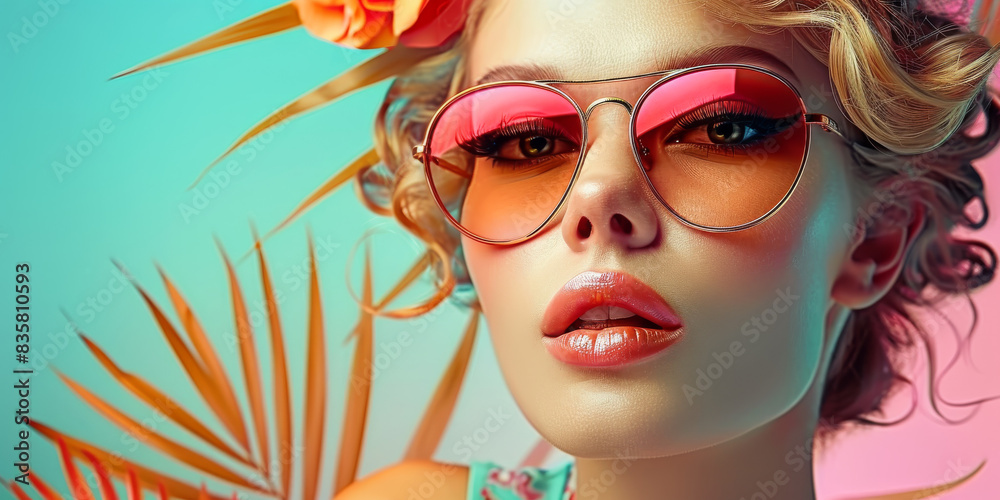 Retro style pastel colors summer background. Fashion woman wearing big sunglasses.