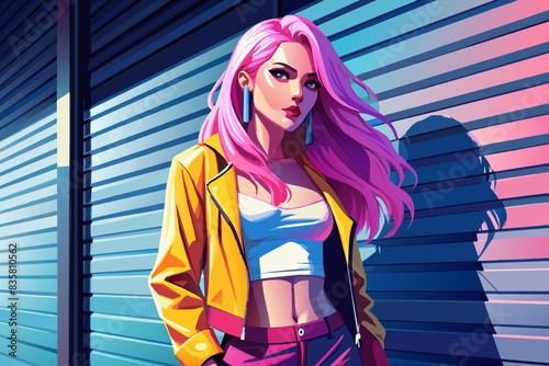 Ilustración vectorial de una chica con cabello rosa y una chaqueta amarilla