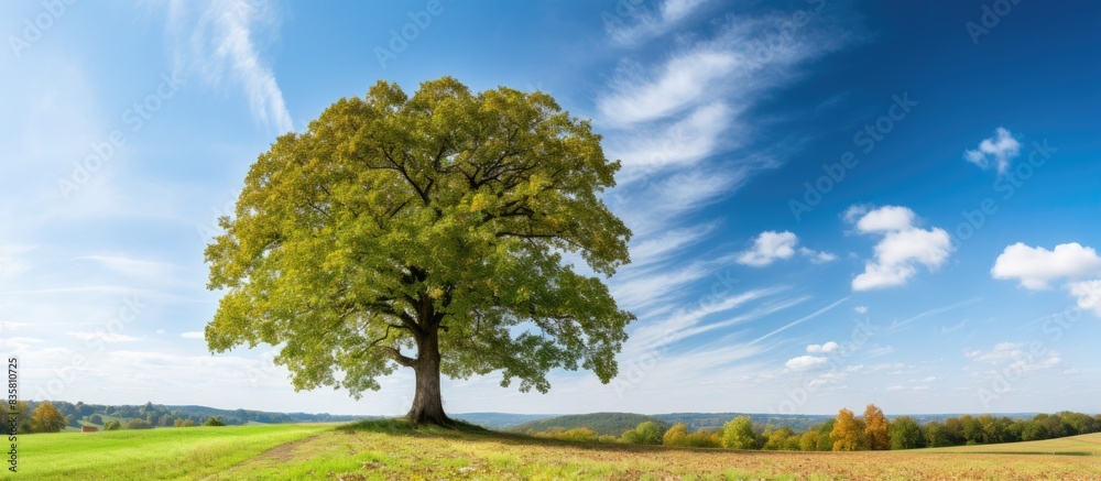Autumn oak tree in a meadow with a backdrop of lush green grass and a beautiful sky, ideal for a copy space image. Autumn oak tree in a meadow with a backdrop of lush green grass and a beautiful sky, ideal for a copy space image.