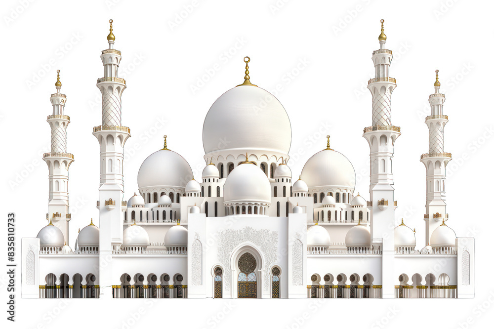 Obraz premium Grand Mosque with domes and minarets isolated on transparent background. Architectural photography. Religious and cultural landmark concept for design and print.