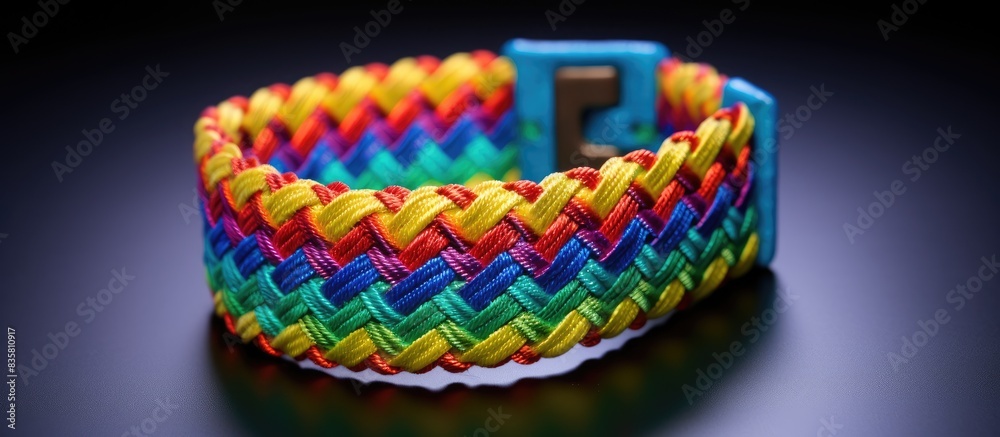 Friendship bracelets crafted by hand, adorned with vibrant threads, with a clear space for an image. Copy space image. Place for adding text and design