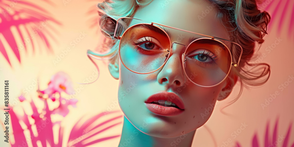 Retro style pastel colors summer background. Fashion woman wearing big sunglasses. Retro style pastel colors summer background. Fashion woman wearing big sunglasses.