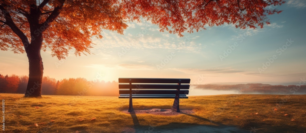 A serene autumn scene with a bench under a tree bathed in warm sunlight, surrounded by golden leaves against a blue sky backdrop, perfect for a copy space image. A serene autumn scene with a bench under a tree bathed in warm sunlight, surrounded by golden leaves against a blue sky backdrop, perfect for a copy space image.