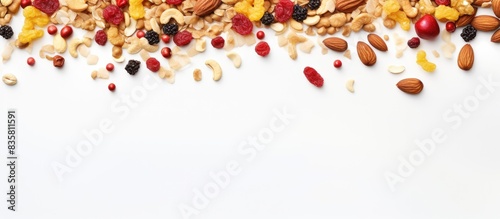 An assortment of gluten-free homemade granola bars, mixed nuts, seeds, and dried fruits displayed on a white wooden surface with ample copy space in the background. Top view.