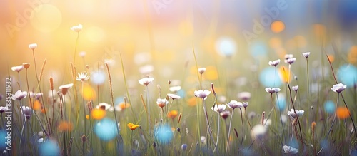 Fototapeta Naklejka Na Ścianę i Meble -  Abstract spring nature background featuring a small pink wildflower with copy space image.