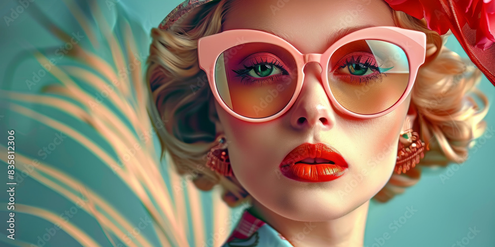 Retro style pastel colors summer background. Fashion woman wearing big sunglasses.