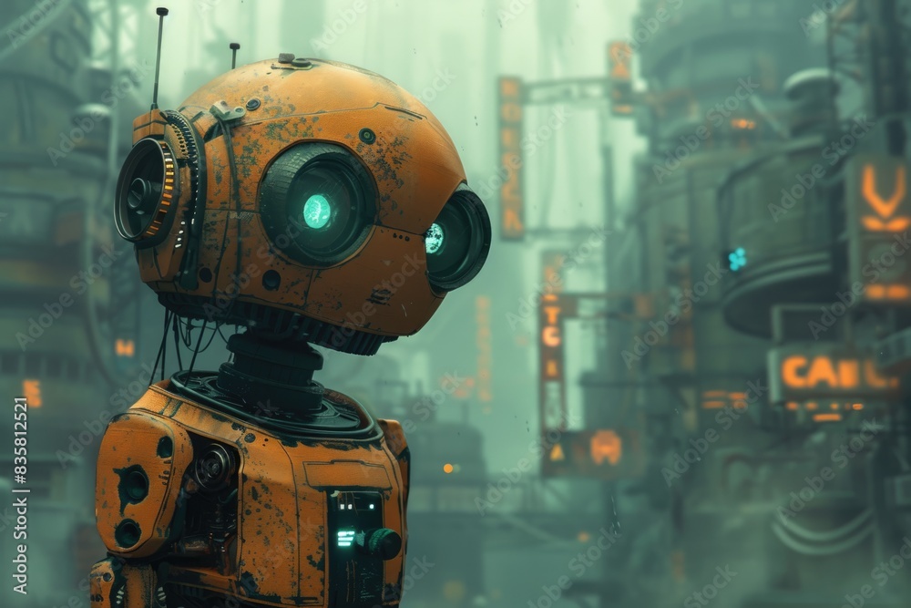Nostalgic Journey: Vintage Robot in Retro Sci-Fi Landscape Digital Painting with Muted Tones