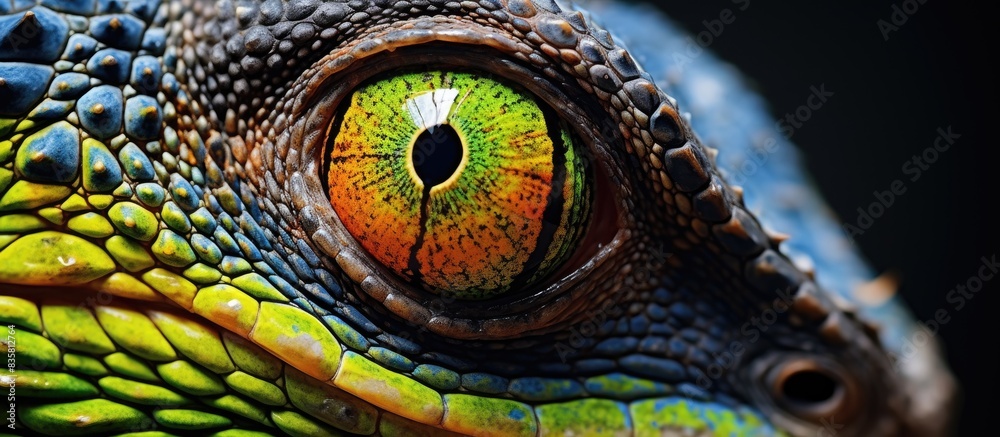 Fototapeta premium A black iguana with green spots perches on a man's left shoulder while he dons a yellow t-shirt against a black backdrop, creating a picturesque copy space image.