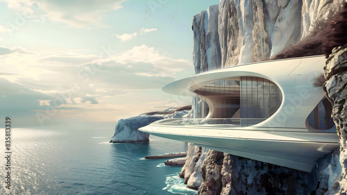 Modern architecture in nature, house built in cliffs on rocky coast with ocean view, mansion, background