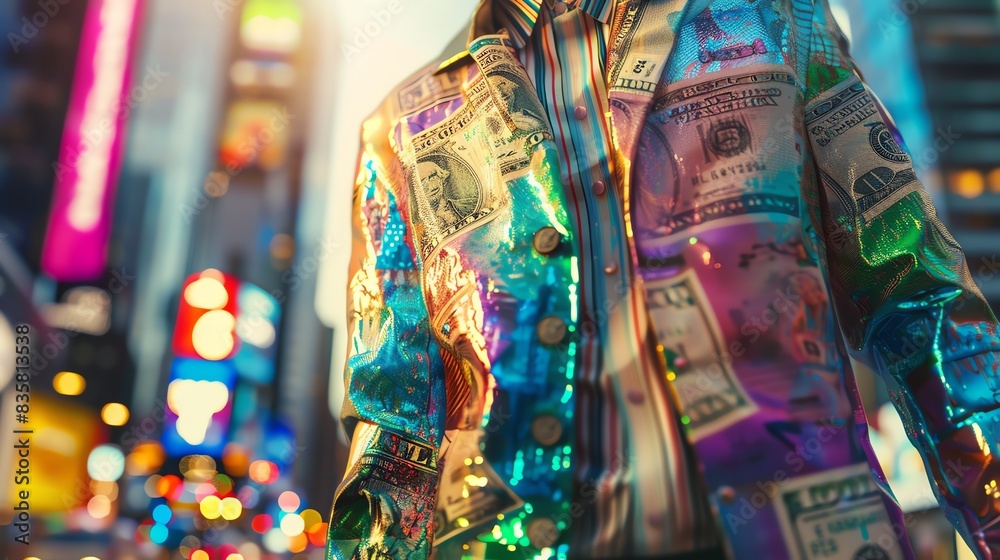 Naklejka premium Design a stylish outfit featuring colorful banknotes and coins integrated into the clothing, using 3D elements, closeup, whimsical, overlay, cityscape backdrop