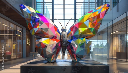Design a stunning butterfly sculpture with colorful and fashionable geometric patterns, showcased in 3D, focus on, dynamic, blend mode, modern museum backdrop