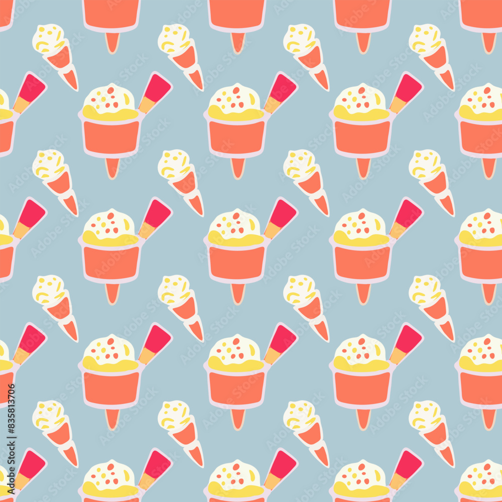 A pattern of ice cream cones with whipped cream on top A pattern of ice cream cones with whipped cream on top