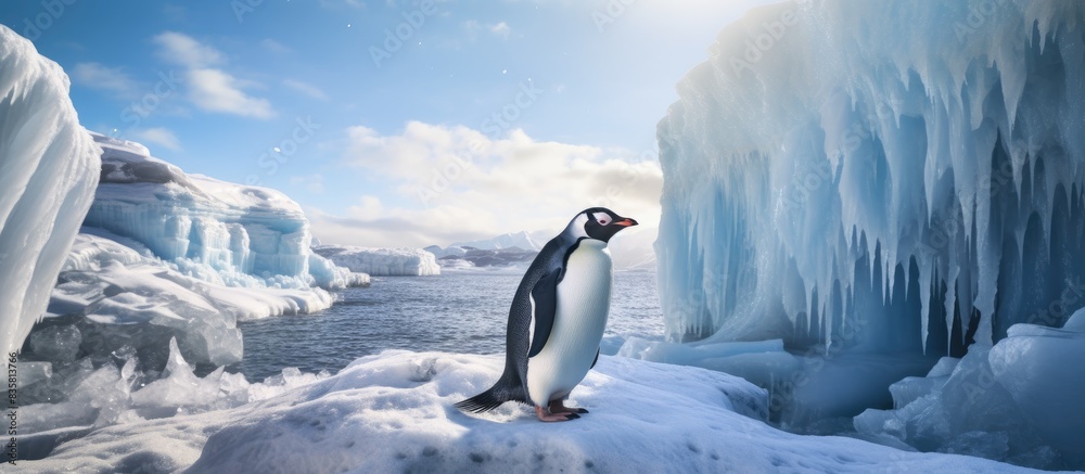 Solitary Gentoo penguin (Pygoscelis papua) on a snowy backdrop, shown in a copy space image.