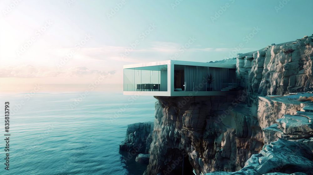 Modern architecture in nature, house built in cliffs on rocky coast with ocean view, mansion, background