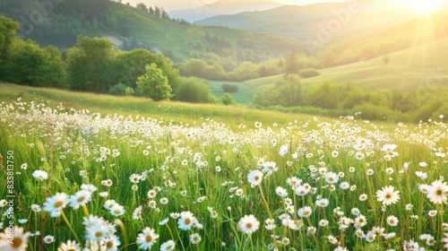 Beautiful spring and summer natural panoramic pastoral landscape with blooming field of daisies in the grass in the hilly countryside  