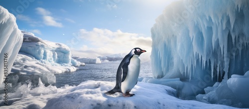 Solitary Gentoo penguin  Pygoscelis papua  on a snowy backdrop  shown in a copy space image.