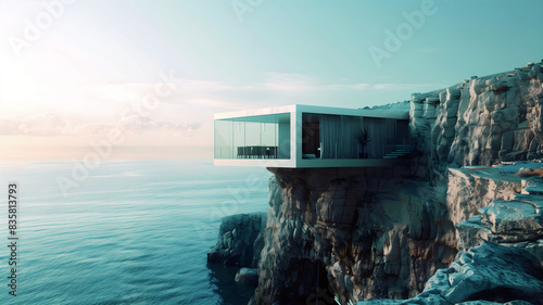 Obraz na płótnie Modern architecture in nature, house built in cliffs on rocky coast with ocean view, mansion, background w salonie