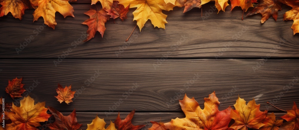 Top view of a fall-themed arrangement with vibrant autumn leaves forming a beautiful background, suitable for displaying text or design elements. Copy space image. Place for adding text and design Top view of a fall-themed arrangement with vibrant autumn leaves forming a beautiful background, suitable for displaying text or design elements. Copy space image. Place for adding text and design