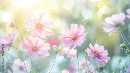 Beautiful spring bright natural background with soft pink cosmos flowers  